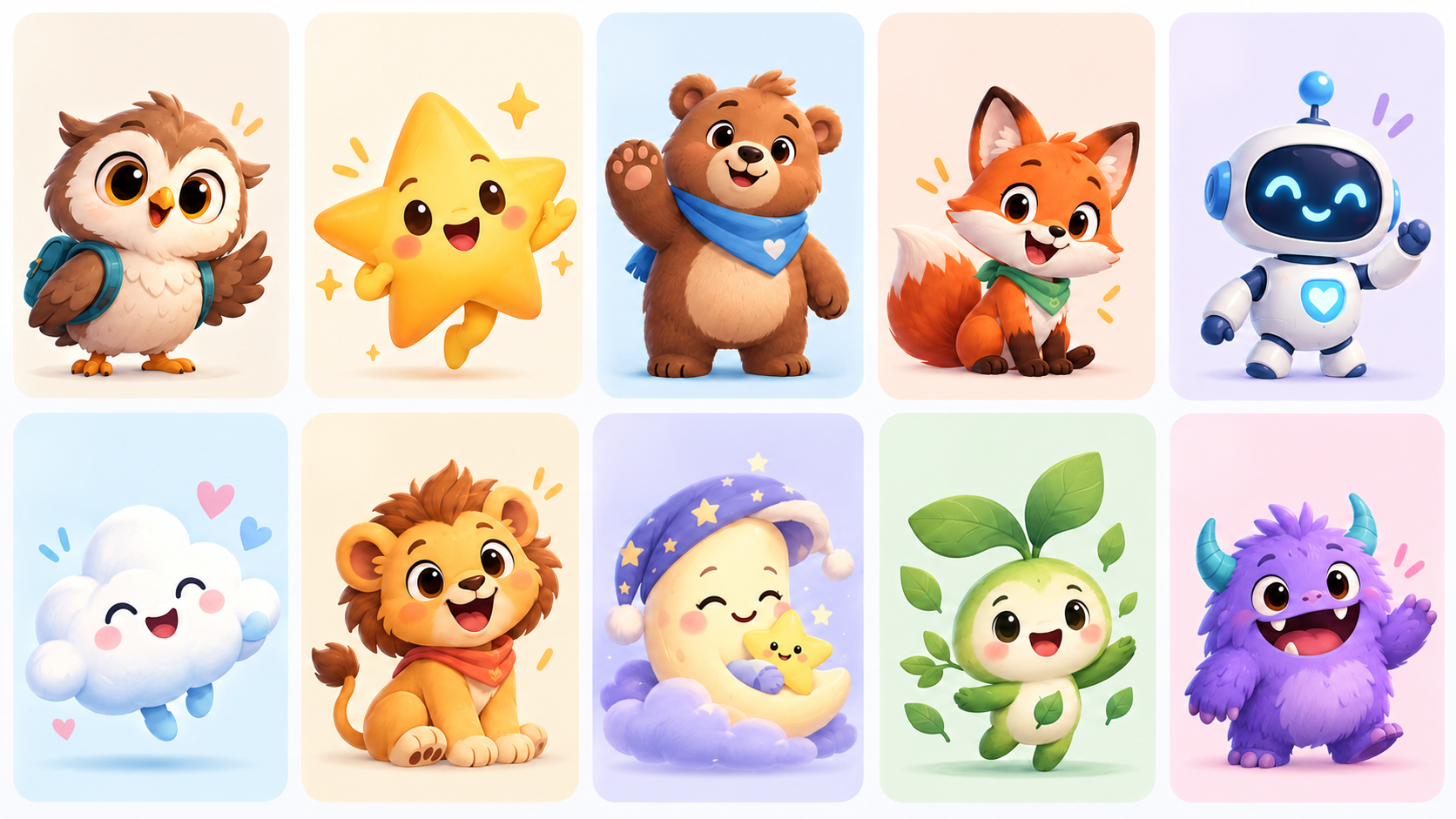 Zehn Maskottchen-Entwürfe: Eule, Stern, Bär, Fuchs, Roboter, Wolke, Löwe, Mond, Pflanzenwesen und violettes Monster.